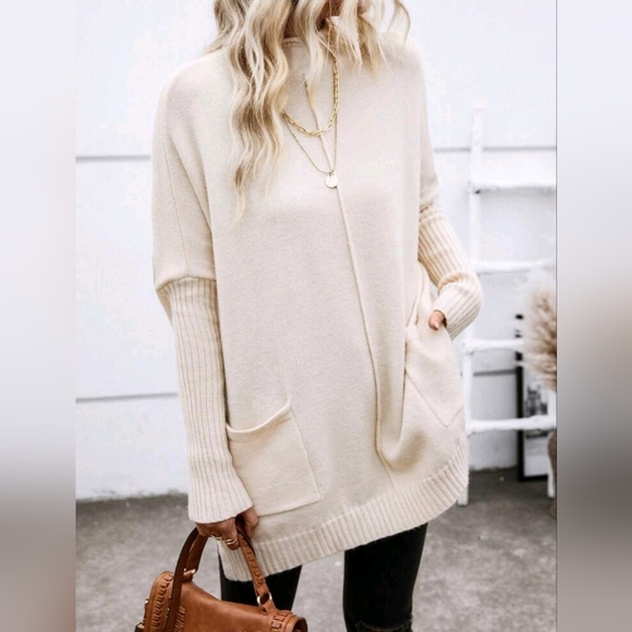 New Chic Oversized Knit Mock Neck Tunic Sweater Ivory Cream Beige - Picture 1 of 8